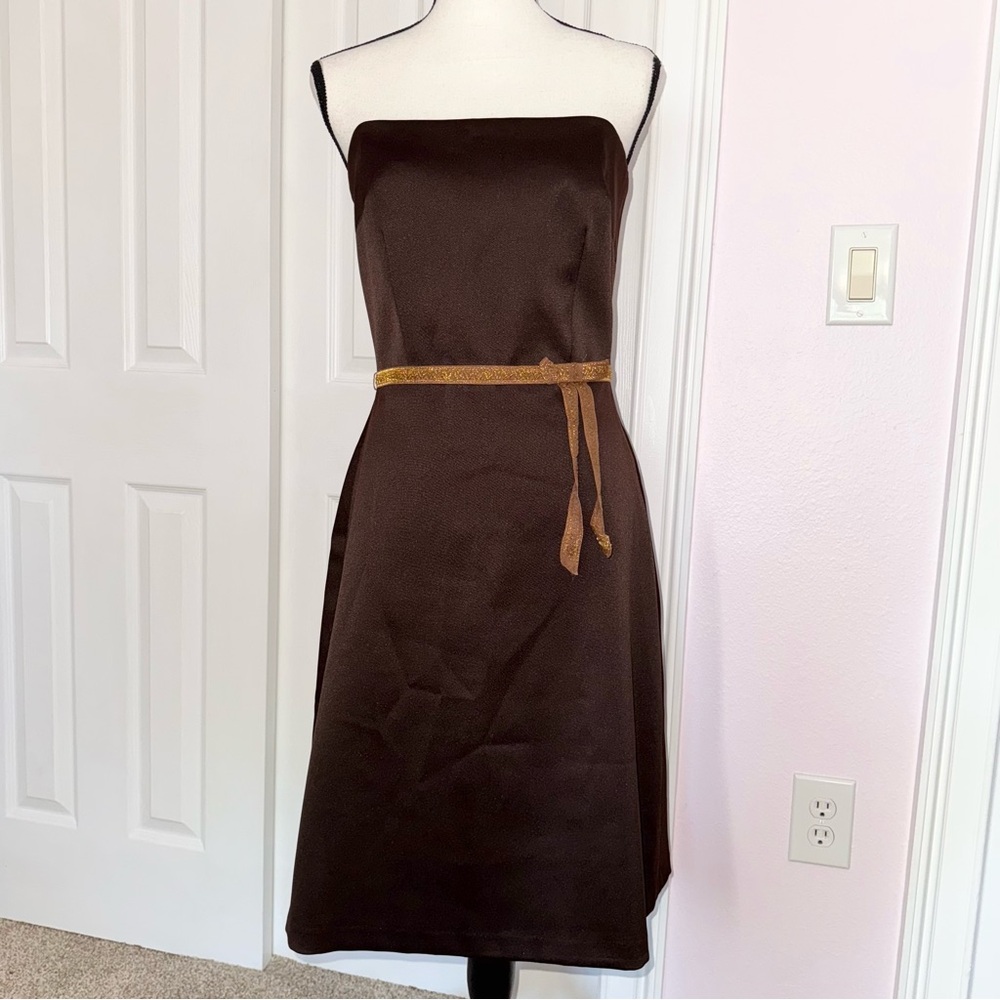 Laundry by Sheli Segal chocolate brown strapless ribbon belted fitted mini dress